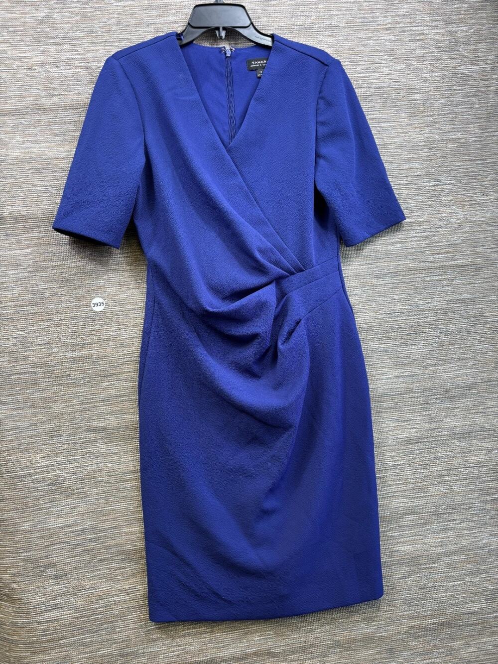 Tahari ASL Levine Blue Surplice Ruched Crepe Sheath Dress Career Size 10